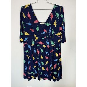 Jessy B ModCloth Plus Size Navy Blue Dinosaur Dress Size 2x A Line VNeck Teacher